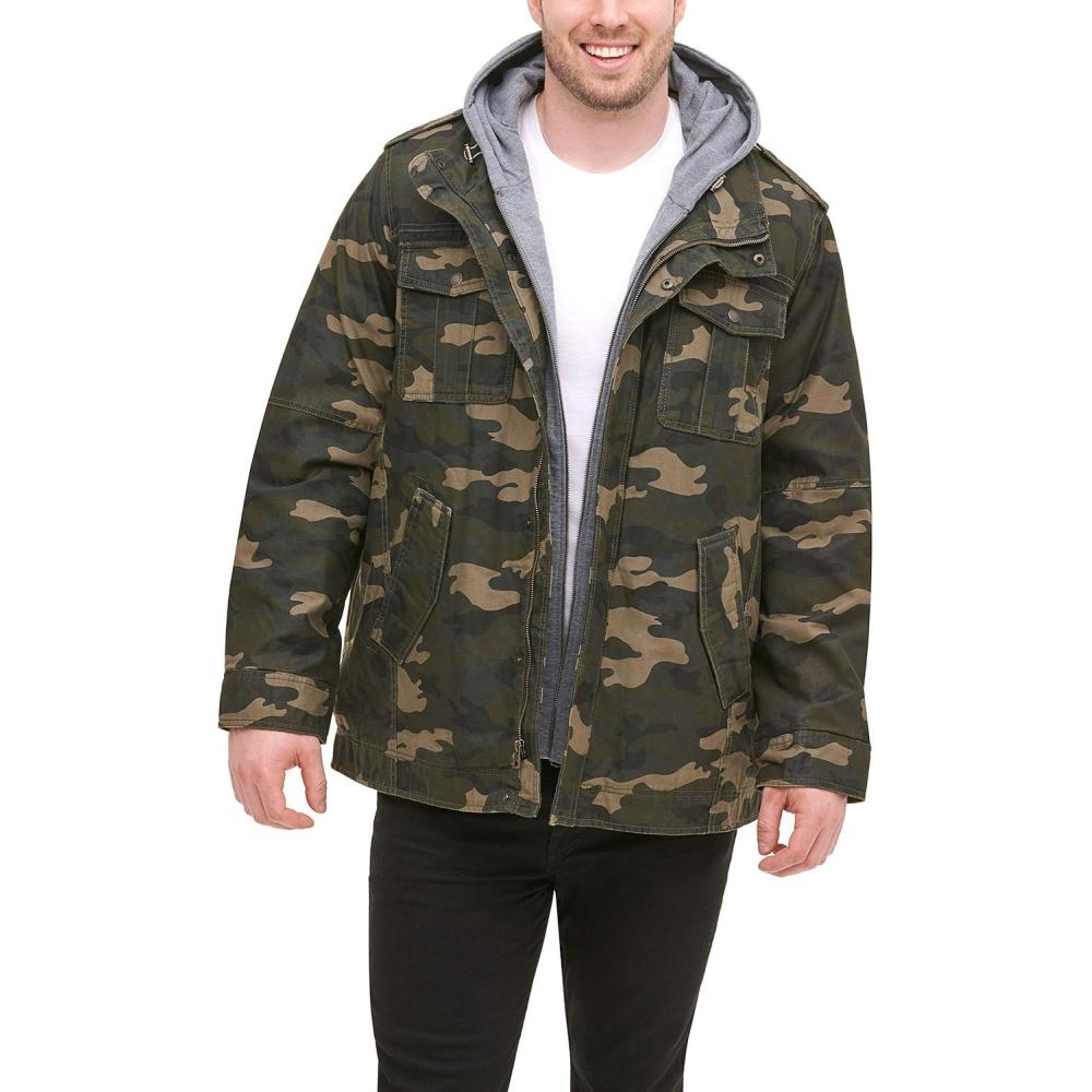 imageLevis Mens Washed Cotton Hooded Military Jacket Regular amp Big amp Tall SizesCamoSherpa Lined
