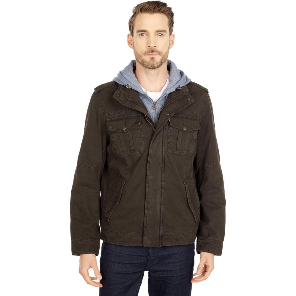imageLevis Mens Washed Cotton Hooded Military Jacket Regular amp Big amp Tall SizesDark Brown