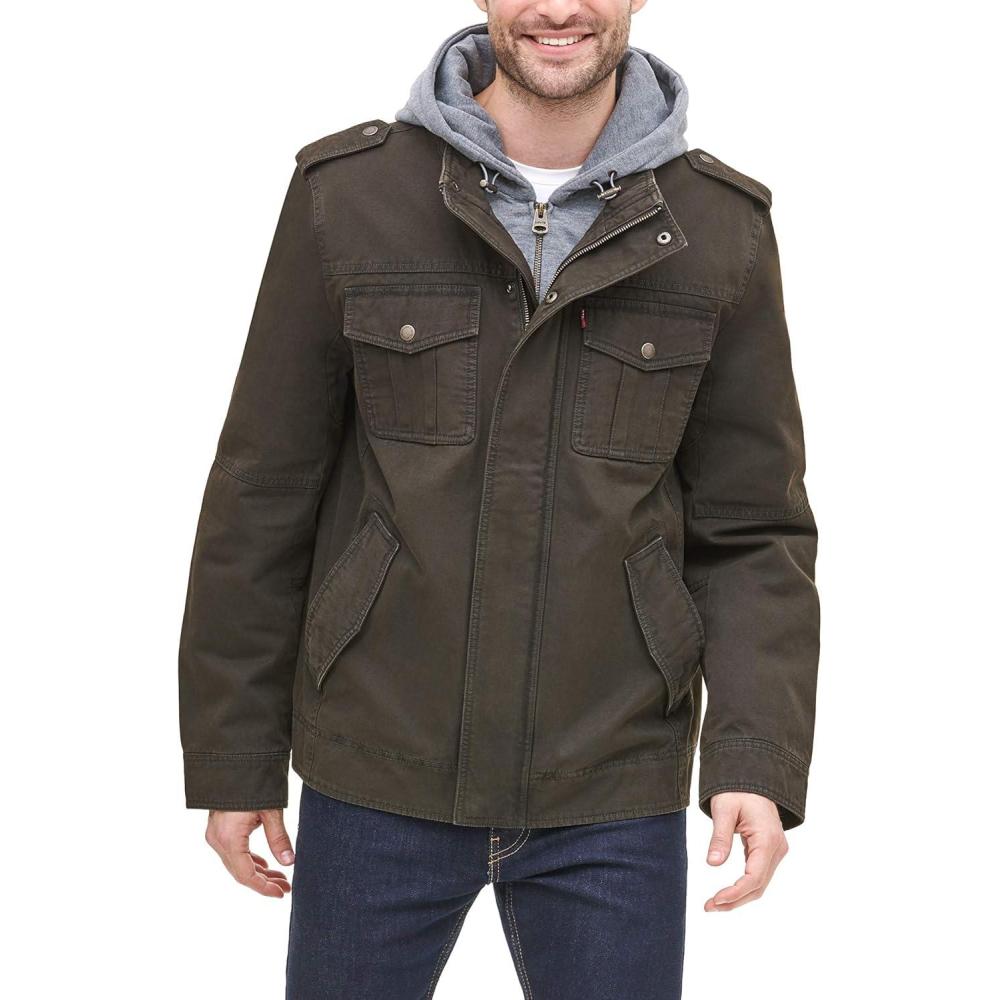 imageLevis Mens Washed Cotton Hooded Military Jacket Regular amp Big amp Tall SizesDark BrownQuilted Lining