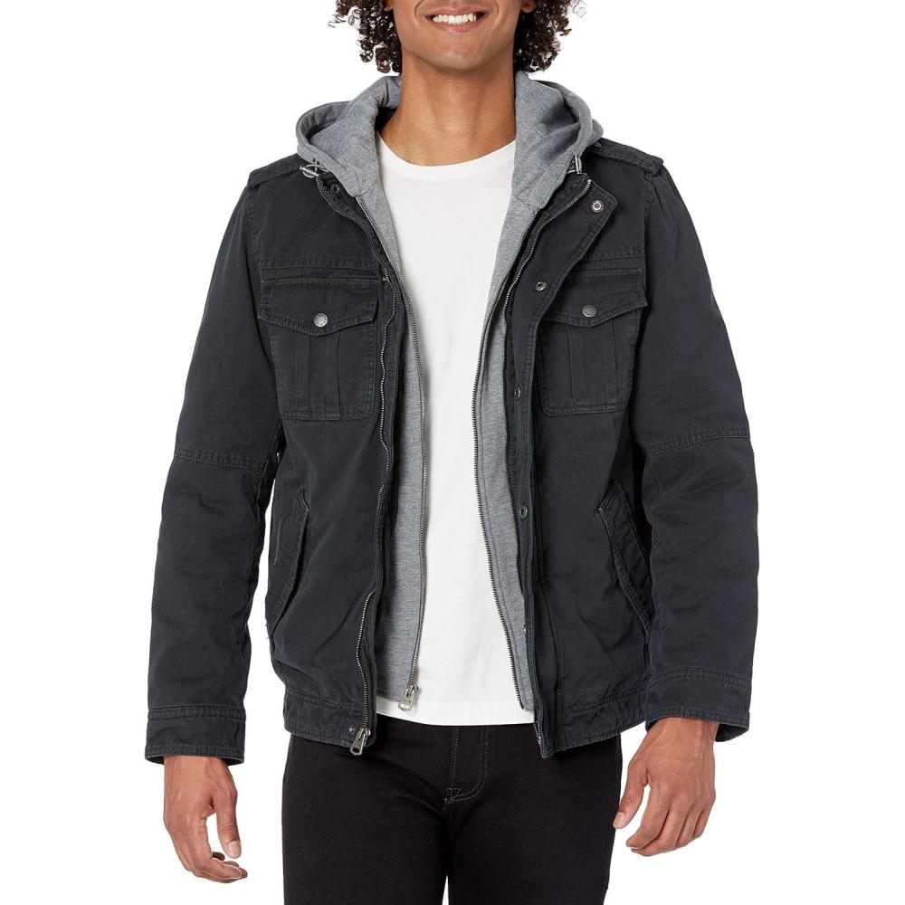 imageLevis Mens Washed Cotton Hooded Military Jacket Regular amp Big amp Tall SizesNavyQuilted Lining