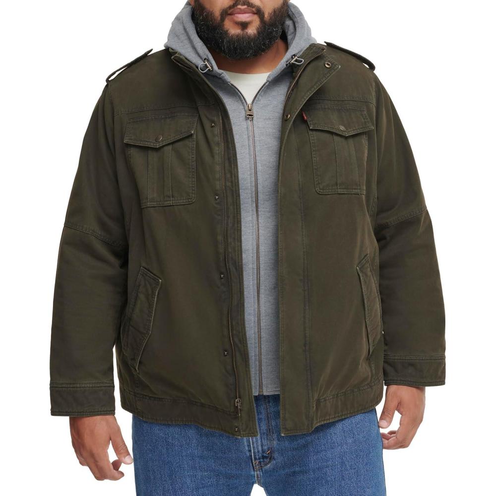 imageLevis Mens Washed Cotton Hooded Military Jacket Regular amp Big amp Tall SizesOliveSherpa Lined