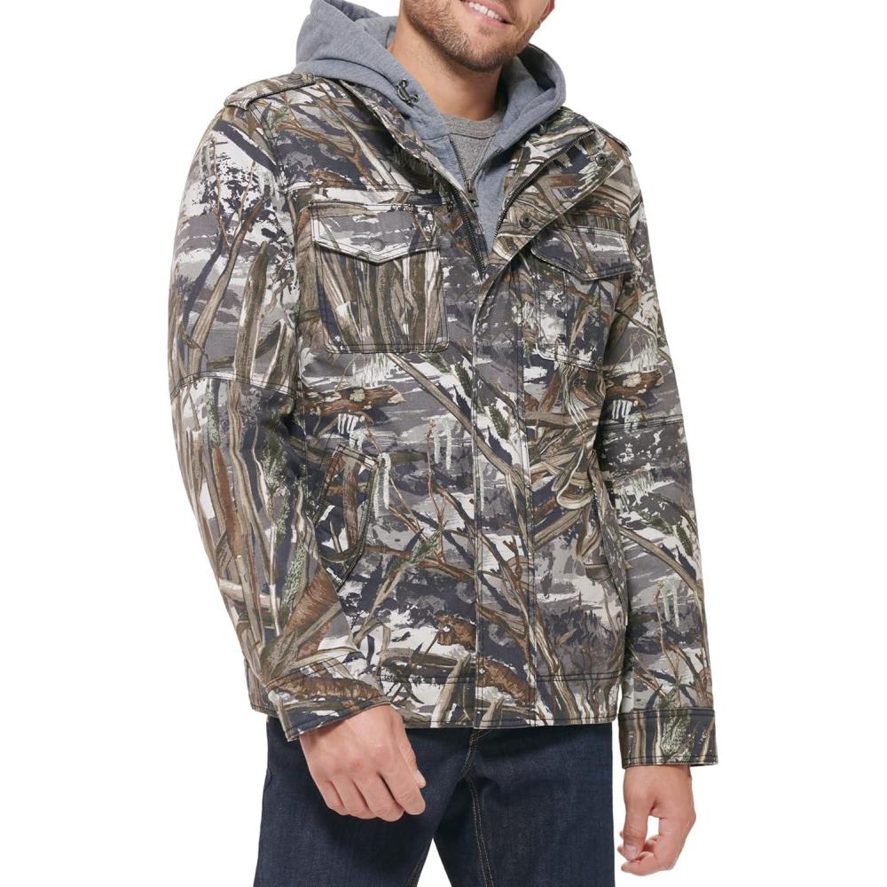 imageLevis Mens Washed Cotton Hooded Military Jacket Regular amp Big amp Tall SizesTrue TreeSherpa Lined