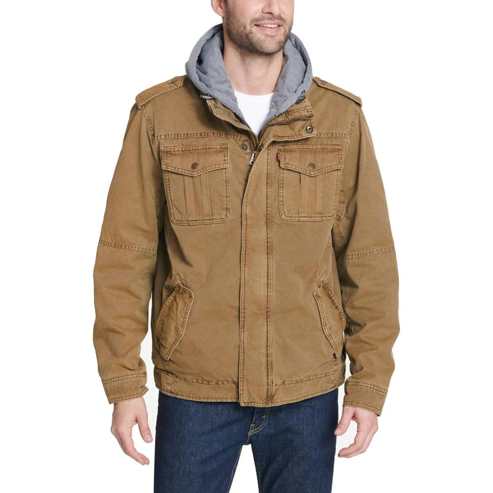 imageLevis Mens Washed Cotton Hooded Military Jacket Regular amp Big amp Tall SizesWorker BrownQuilted Lining
