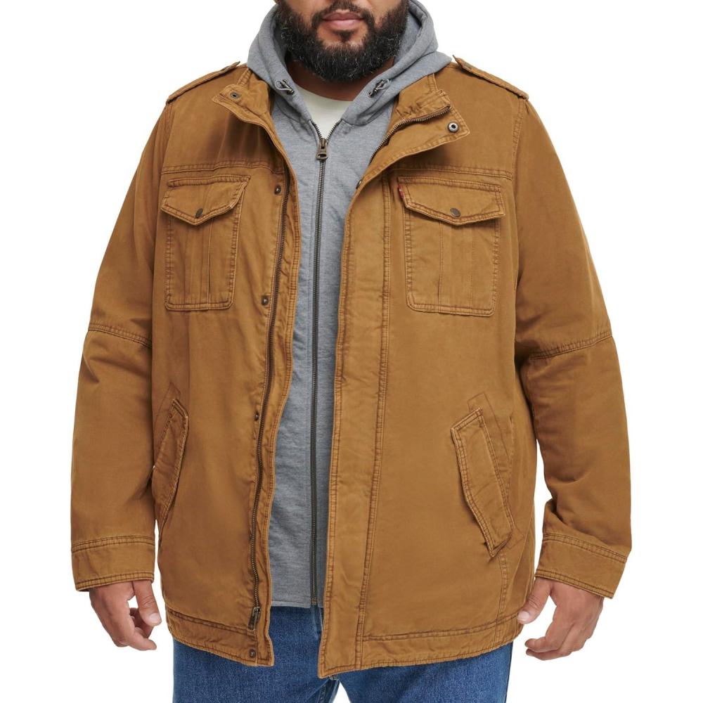 imageLevis Mens Washed Cotton Hooded Military Jacket Regular amp Big amp Tall SizesWorker BrownSherpa Lined