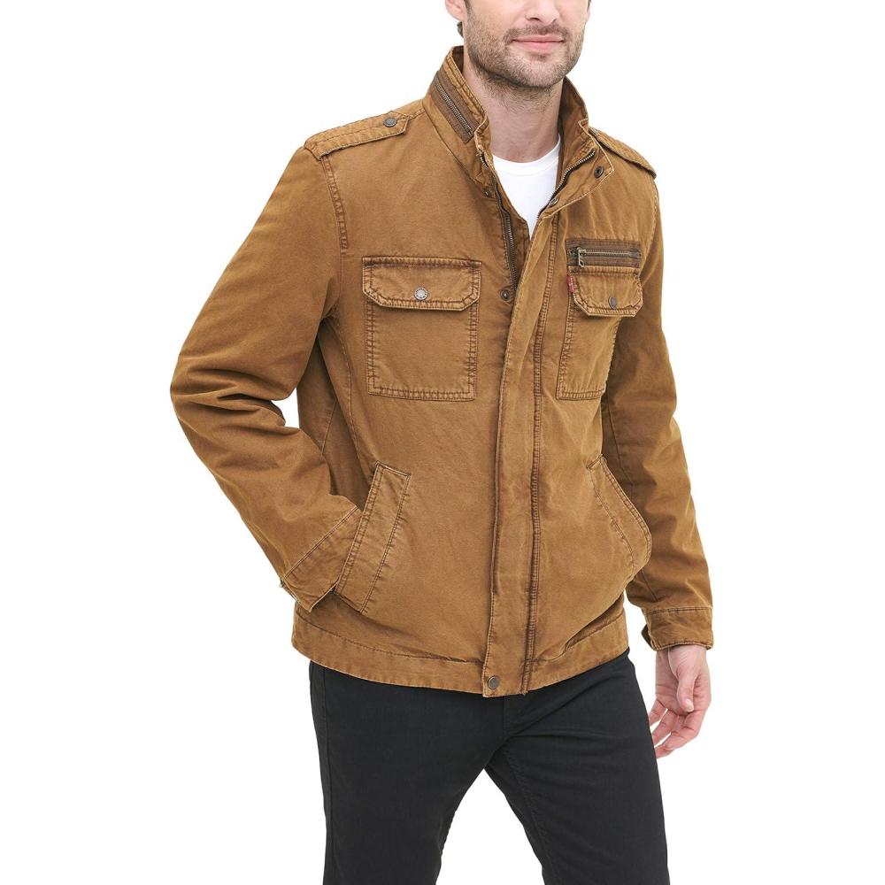 imageLevis Mens Washed Cotton Military Jacket Regular amp Big amp Tall SizesWorker Brown Filled