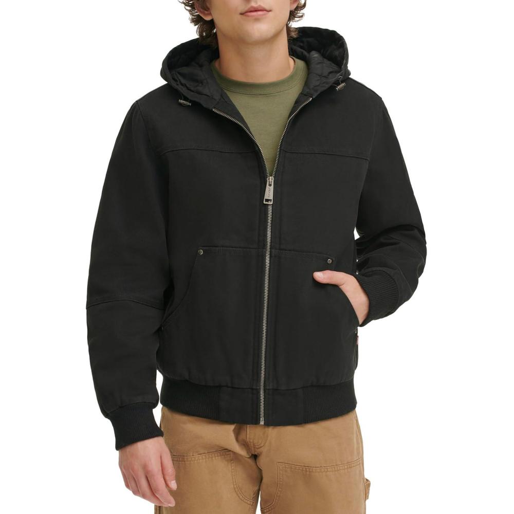 imageLevis Mens Workwear Cotton Canvas Hooded Bomber JacketBlack Quilted Lining