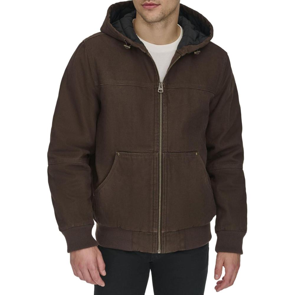 imageLevis Mens Workwear Cotton Canvas Hooded Bomber JacketChocolate Brown Quilted