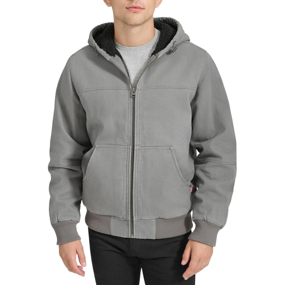 imageLevis Mens Workwear Cotton Canvas Hooded Bomber JacketGreySherpa Lined