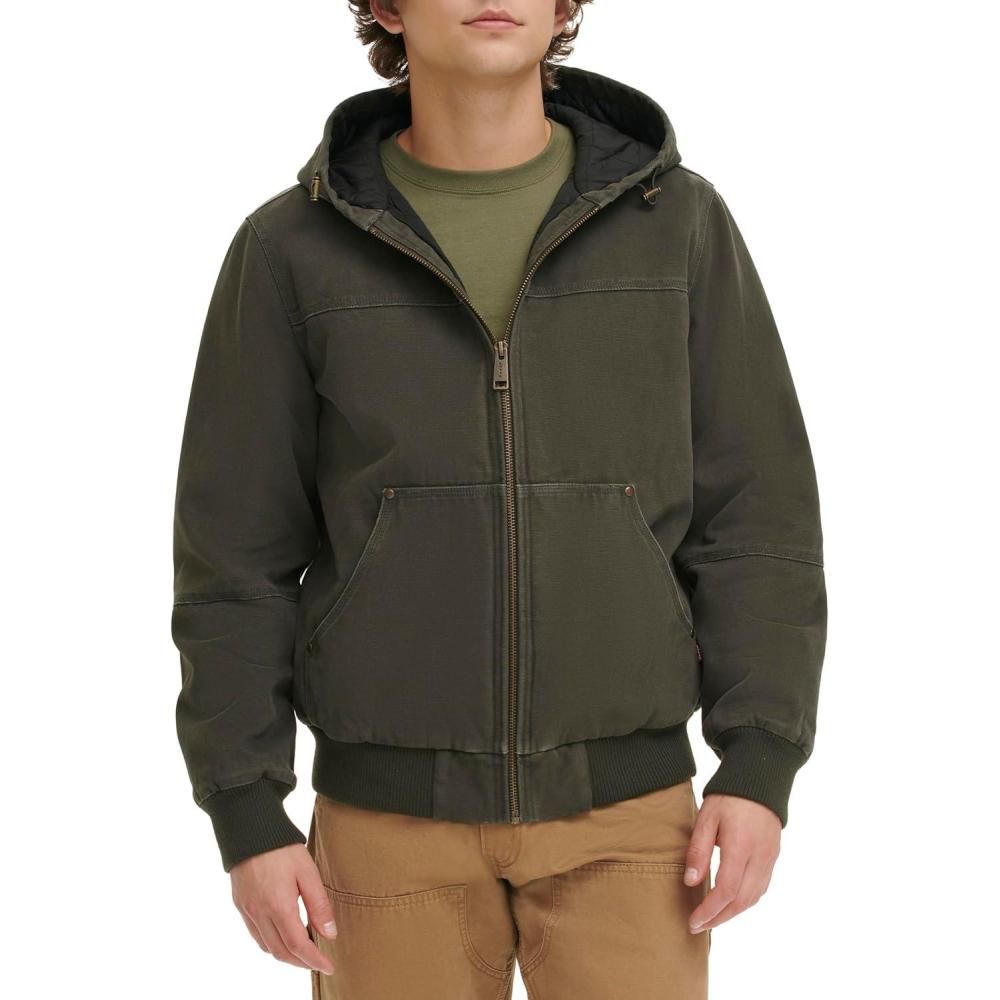 imageLevis Mens Workwear Cotton Canvas Hooded Bomber JacketOlive Quilted Lining