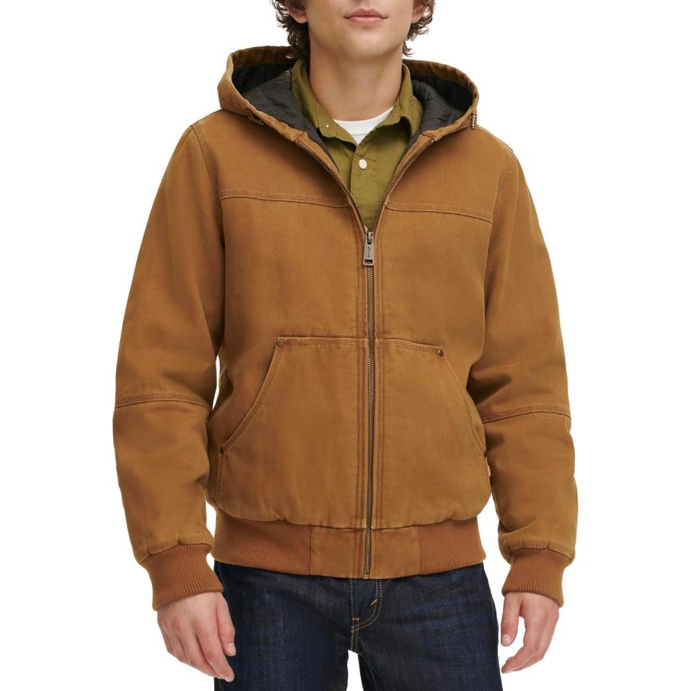 imageLevis Mens Workwear Cotton Canvas Hooded Bomber JacketWorker Brown Quilted Lining