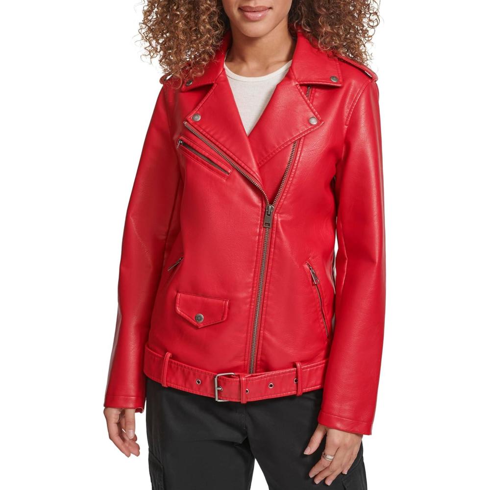 imageLevis Womens Oversized Faux Leather Belted Motorcycle Jacket Standard amp Plus SizesRed