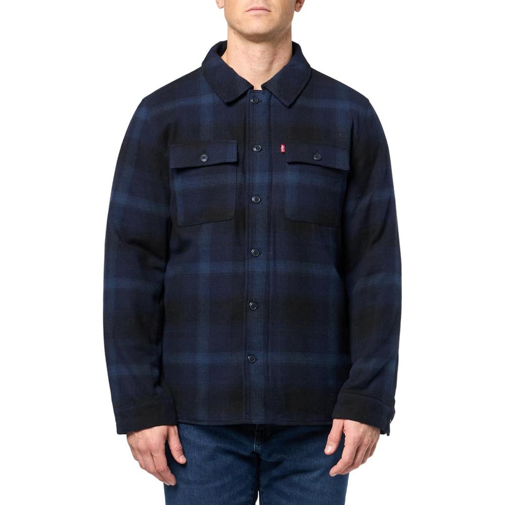 imageLevis mens Plaid Sherpa Lined Hooded Shirt Jacket Regular amp Big amp Tall SizesNew Navy Ombre Plaid
