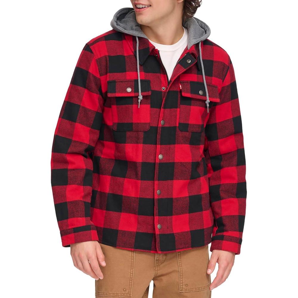 imageLevis mens Plaid Sherpa Lined Hooded Shirt Jacket Regular amp Big amp Tall SizesRed Buffalo Check