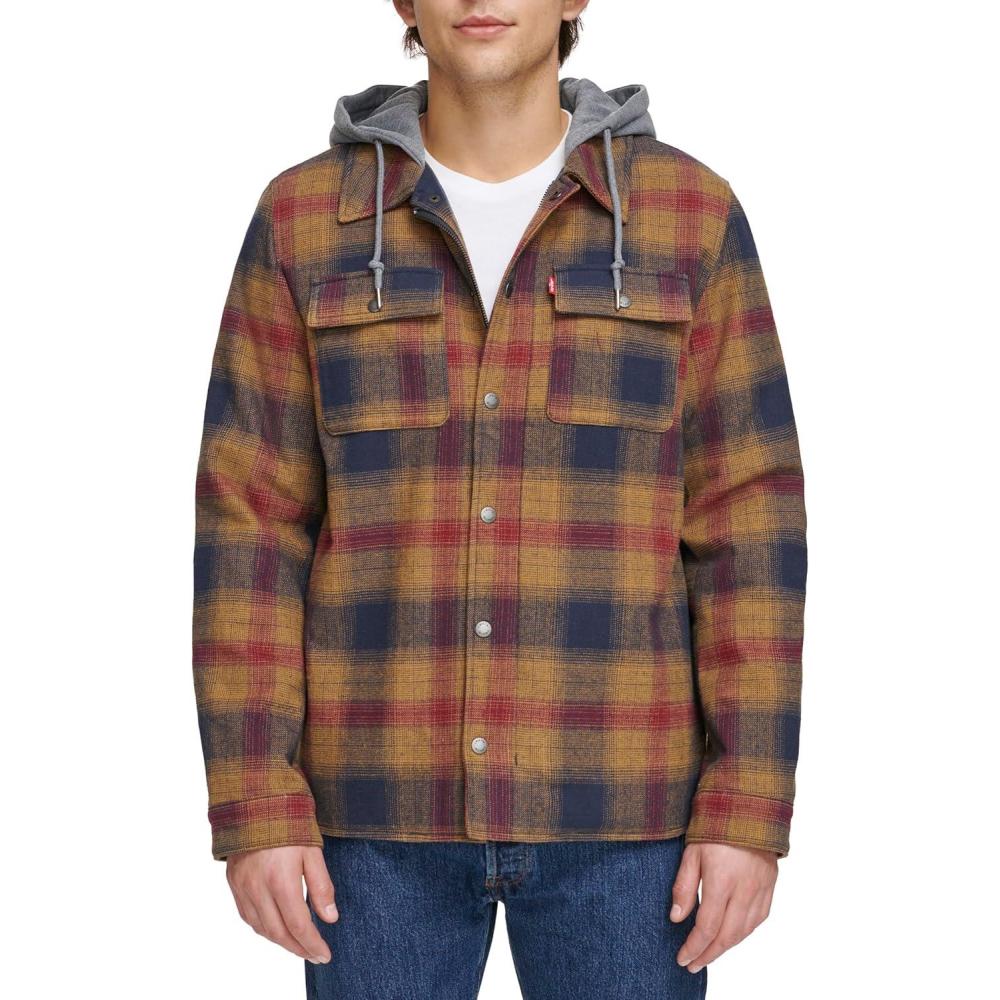 imageLevis mens Plaid Sherpa Lined Hooded Shirt Jacket Regular amp Big amp Tall SizesRed Gold Ombre Plaid