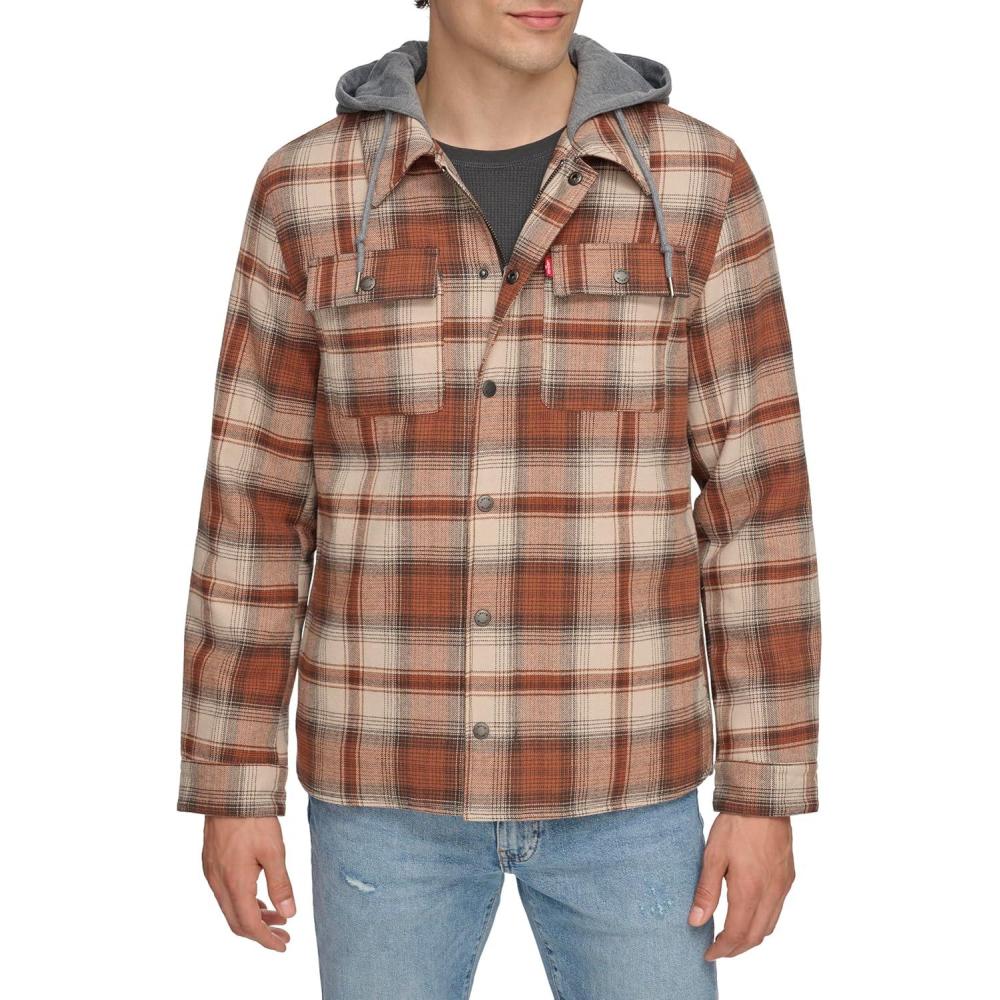 imageLevis mens Plaid Sherpa Lined Hooded Shirt Jacket Regular amp Big amp Tall SizesSunset Ombre Plaid