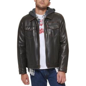 Levi’s Men’s Faux Leather Hooded Trucker Jacket With Sherpa Lining (Regular & Big & Tall Sizes)(Dark Brown)