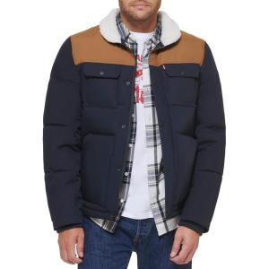 Levi’s Men’s Mixed Media Quilted Puffer Jacket With Sherpa Lined Collar (Regular and Big & Tall Sizes)(New Worker Brown/Navy)