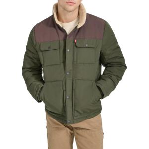 Levi’s Men’s Mixed Media Quilted Puffer Jacket With Sherpa Lined Collar (Regular and Big & Tall Sizes)(Olive/Dark Brown)