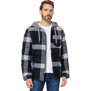 Levi’s mens Plaid Sherpa Lined Hooded Shirt Jacket (Regular & Big & Tall Sizes)(Navy/White Buffalo Plaid)