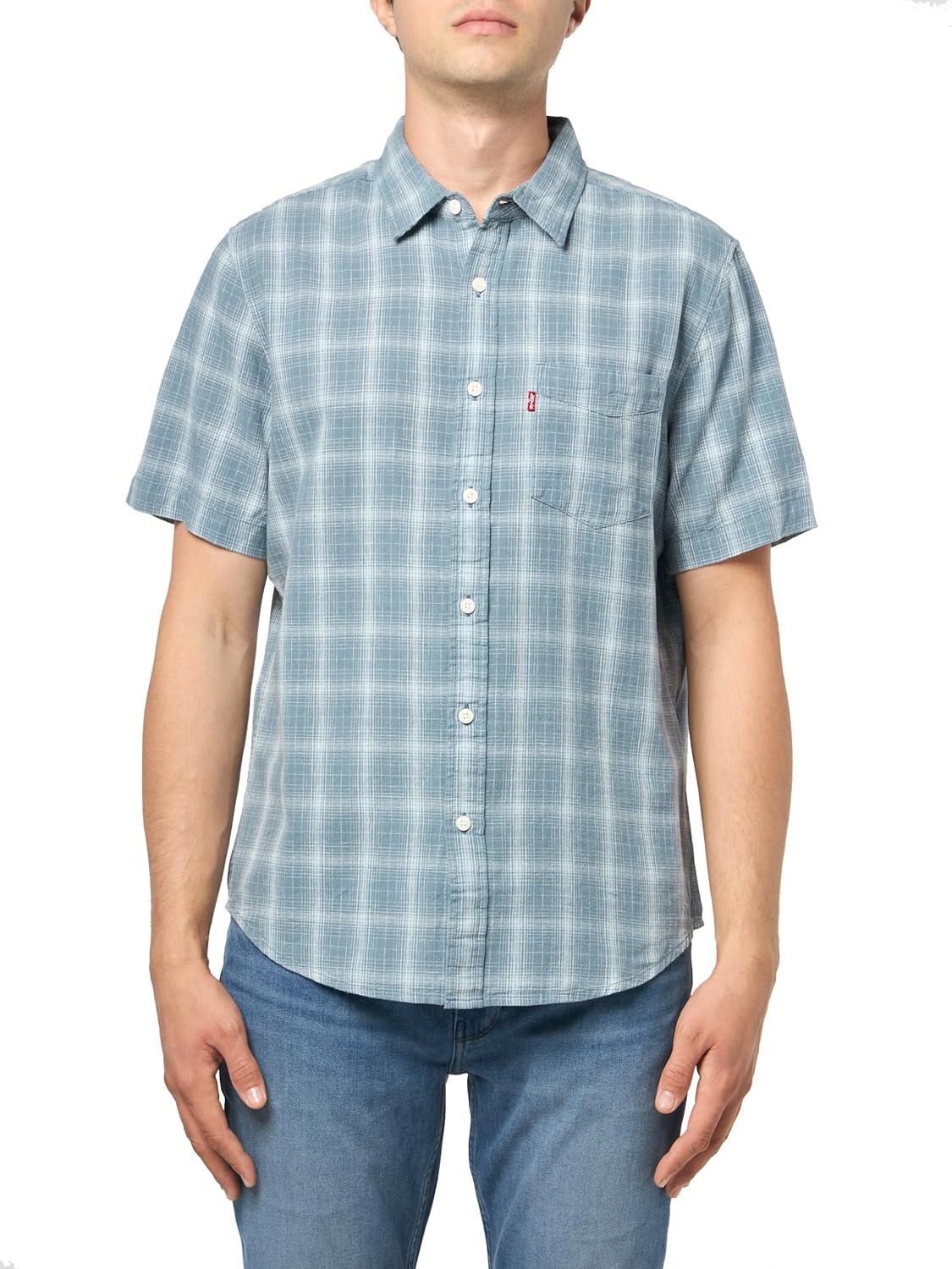 imageLevis Mens Classic 1 Pocket Short Sleeve Button Up Shirt Also Available in BigLeon Plaid Steam Blue Cotton Linen