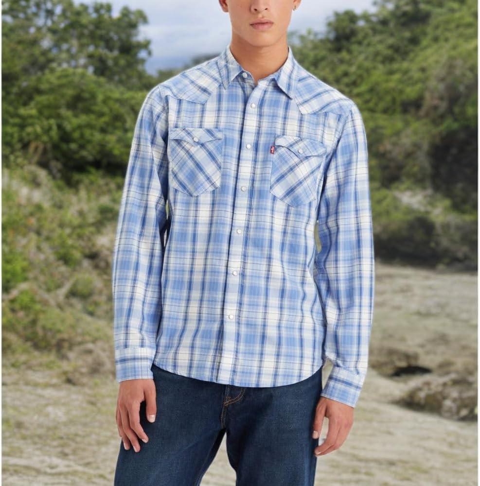 imageLevis Mens Classic Western Shirt Also Available in Big amp TallNew Deshawn Plaid Niagra Mist