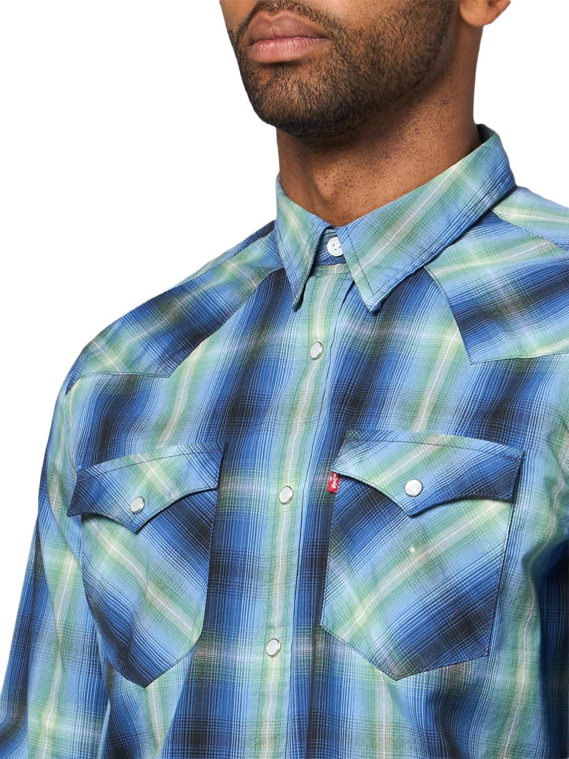 imageLevis Mens Classic Western Shirt Also Available in Big amp TallNew Jericho Plaid Sunshine Blue