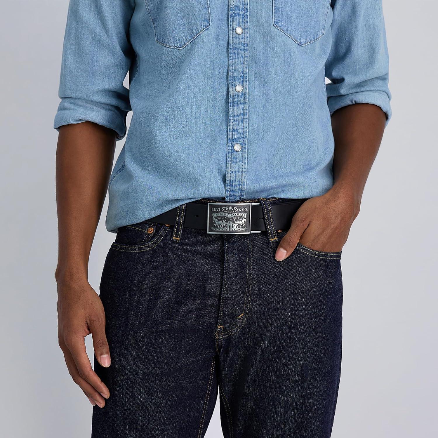 imageLevis Mens Leather Jean Belt with Removable Plaque Buckle WesternStyle Cowboy Belt for Everyday WearBlack Snap