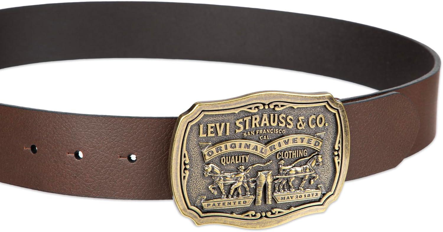 imageLevis Mens Leather Jean Belt with Removable Plaque Buckle WesternStyle Cowboy Belt for Everyday WearBrown Classic