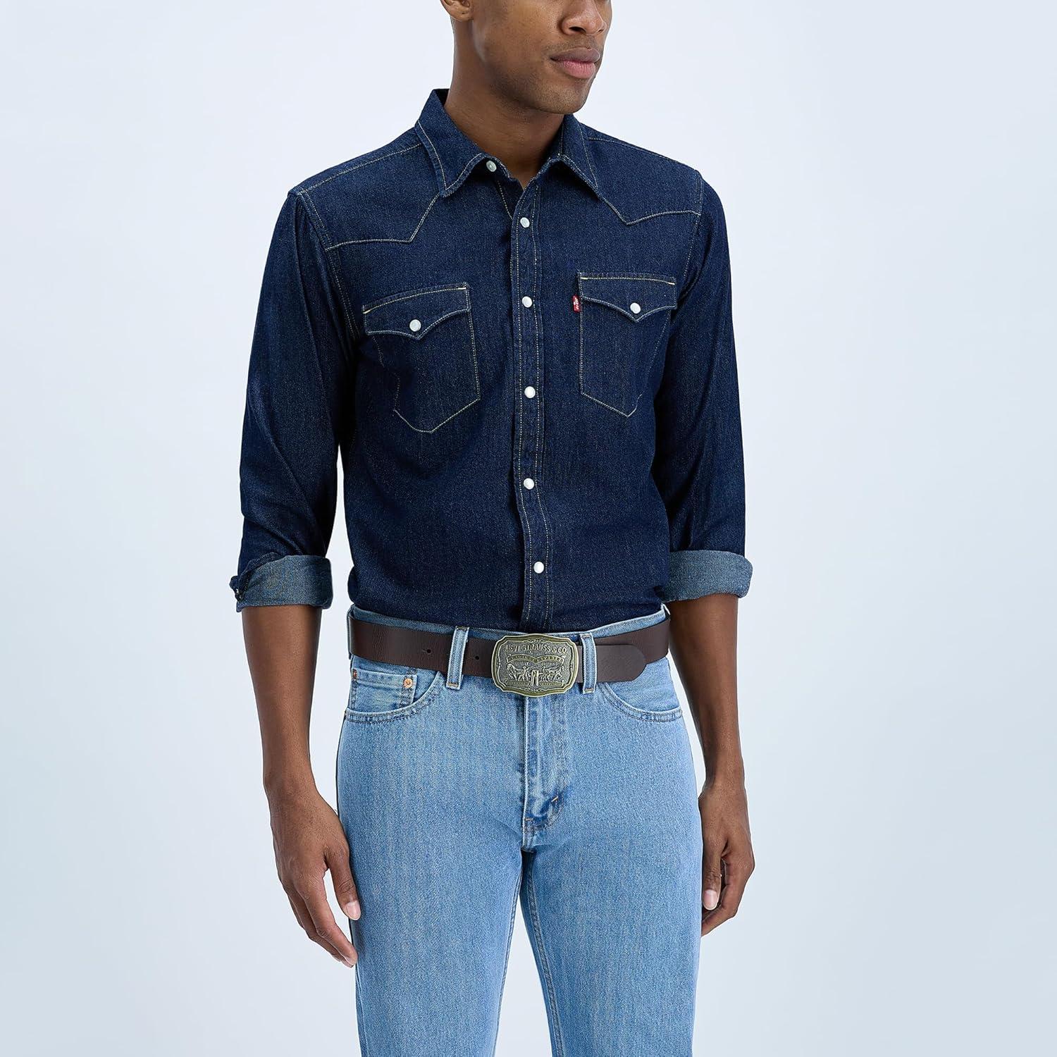 imageLevis Mens Leather Jean Belt with Removable Plaque Buckle WesternStyle Cowboy Belt for Everyday WearBrown Classic