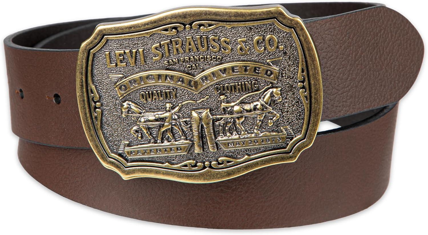 imageLevis Mens Leather Jean Belt with Removable Plaque Buckle WesternStyle Cowboy Belt for Everyday WearBrown Classic