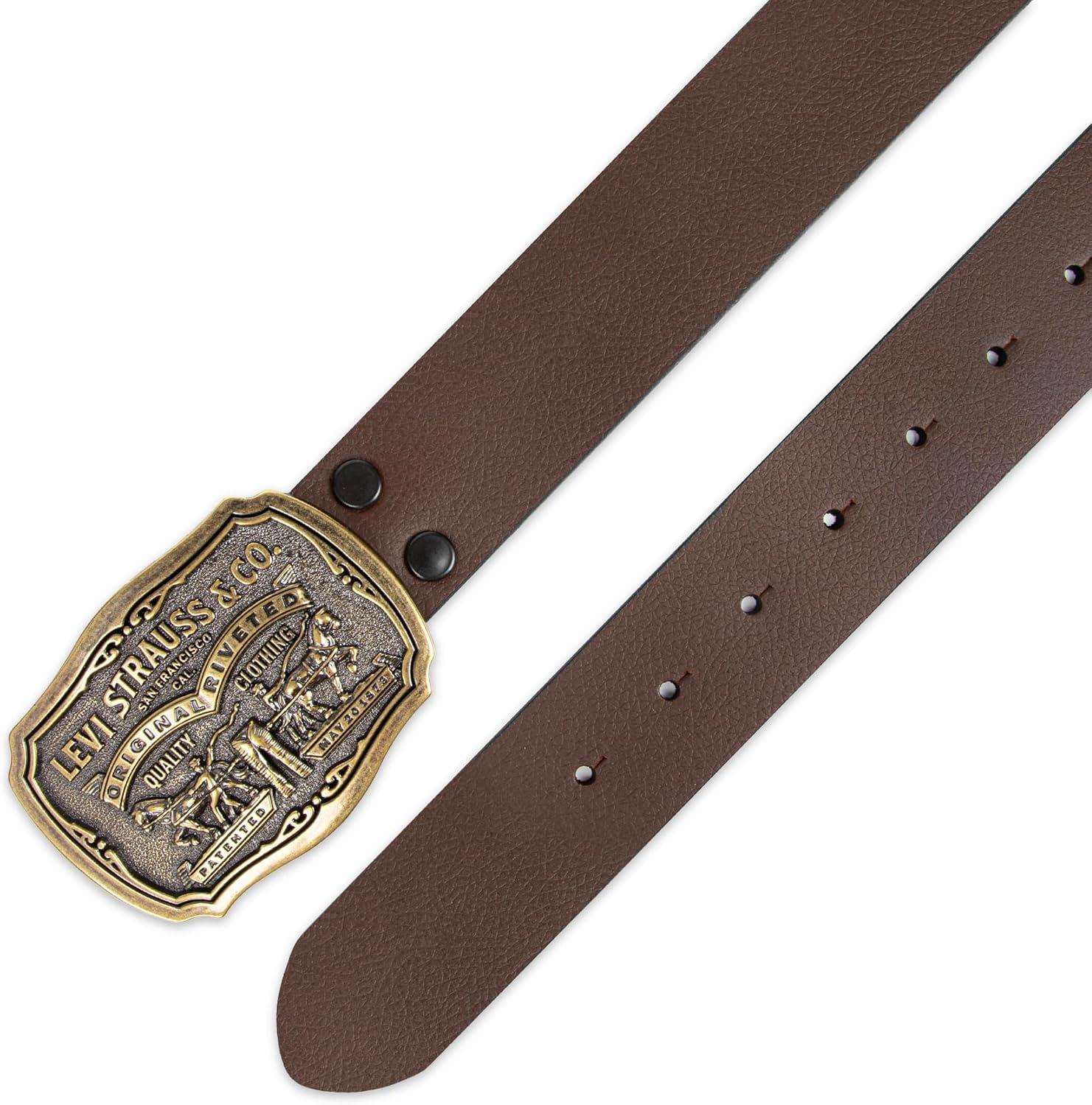 imageLevis Mens Leather Jean Belt with Removable Plaque Buckle WesternStyle Cowboy Belt for Everyday WearBrown Classic
