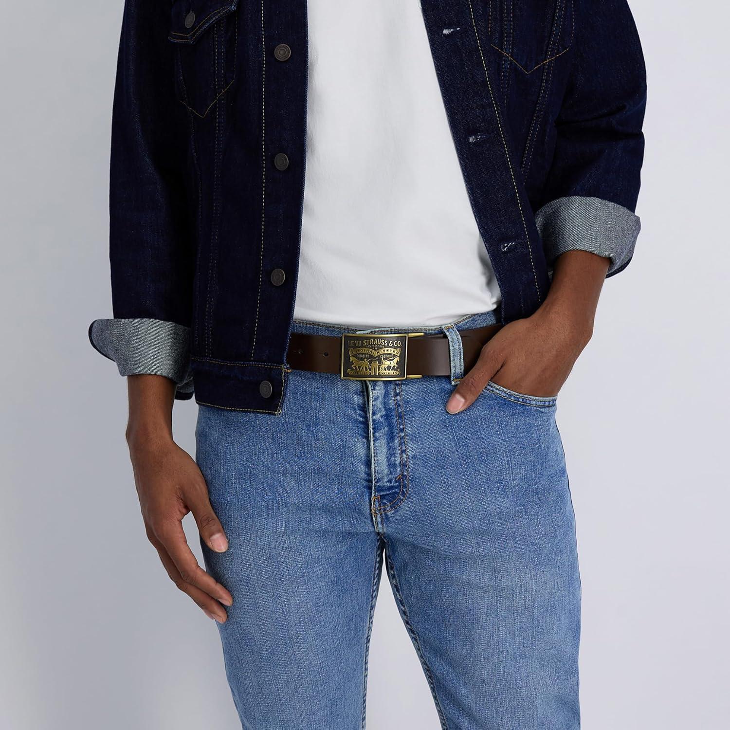 imageLevis Mens Leather Jean Belt with Removable Plaque Buckle WesternStyle Cowboy Belt for Everyday WearBrown Snap