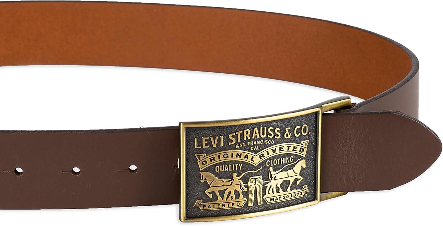 imageLevis Mens Leather Jean Belt with Removable Plaque Buckle WesternStyle Cowboy Belt for Everyday WearBrown Snap