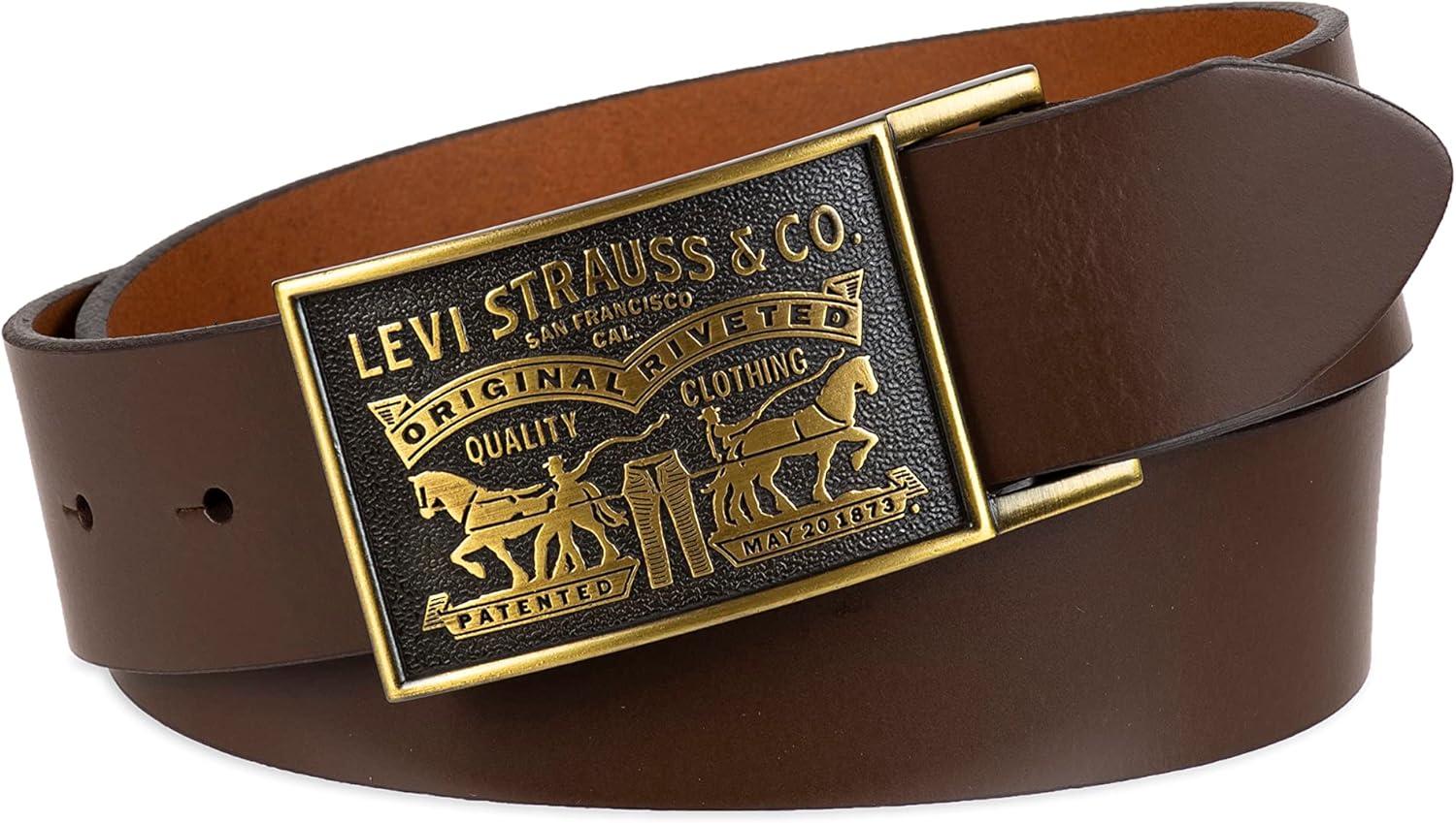 imageLevis Mens Leather Jean Belt with Removable Plaque Buckle WesternStyle Cowboy Belt for Everyday WearBrown Snap