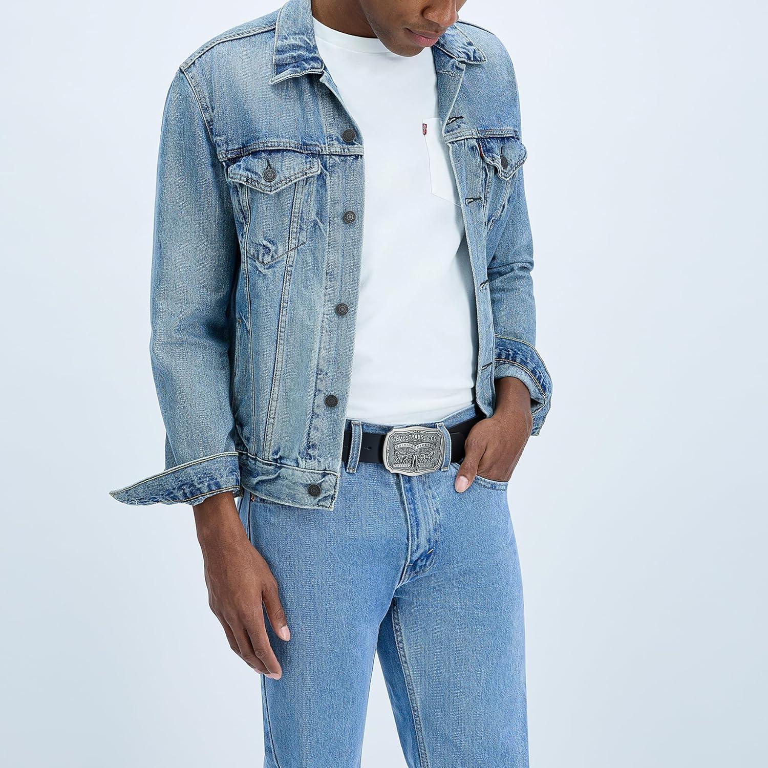 imageLevis Mens Leather Jean Belt with Removable Plaque Buckle WesternStyle Cowboy Belt for Everyday WearMidnight Black
