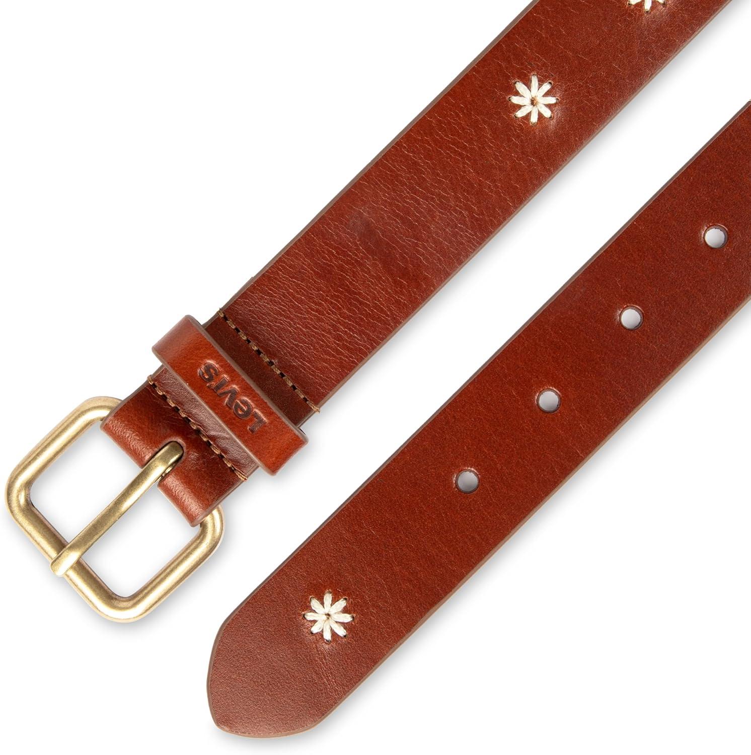imageLevis Womens Casual Leather Belt With Square Buckle Stylish Jeans amp Dress Belt Regular amp Plus SizesCognac Floral Stitch