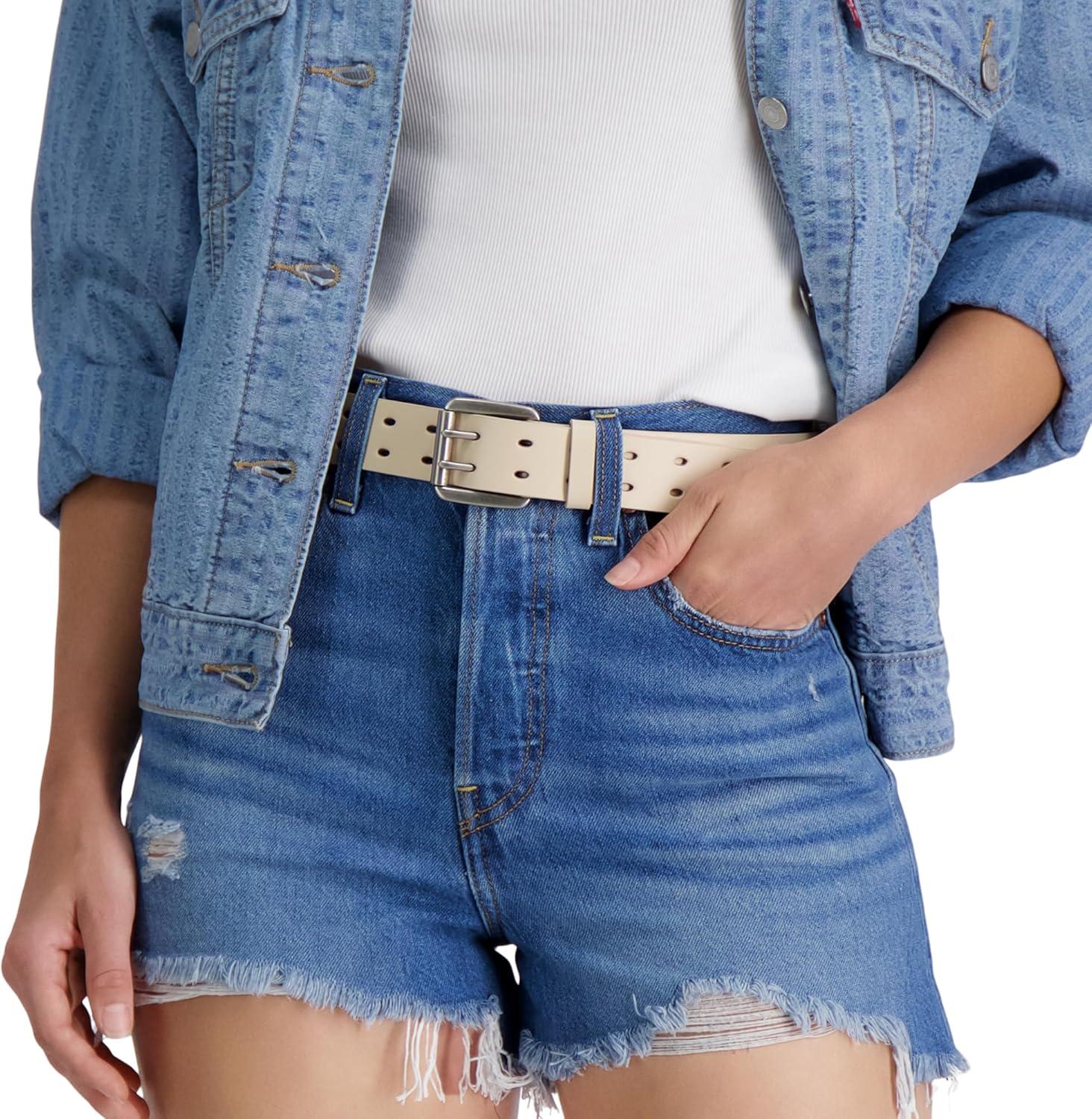 imageLevis Womens Fully Adjustable Perforated Leather Casual Jean Belt with Double Prong BuckleIvory
