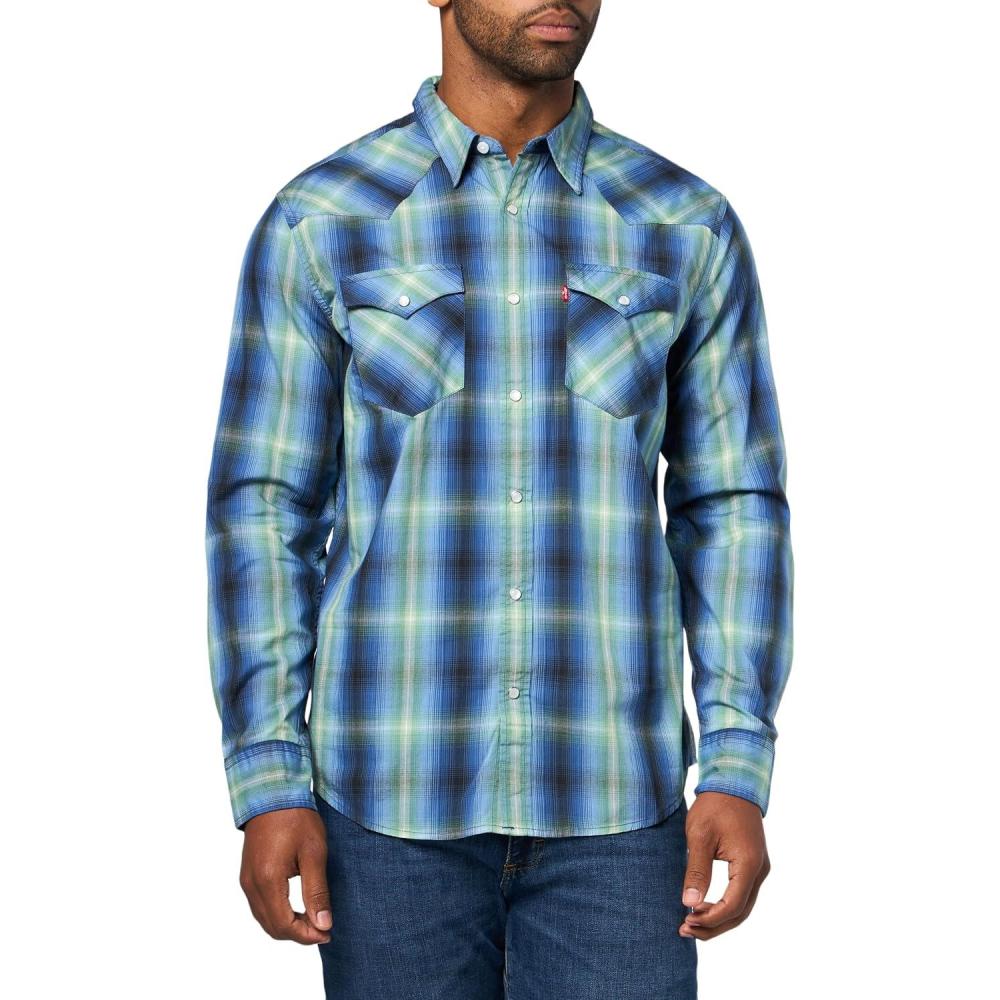 imageLevis Mens Classic Western Shirt Also Available in Big amp TallNew Jericho Plaid Sunshine Blue