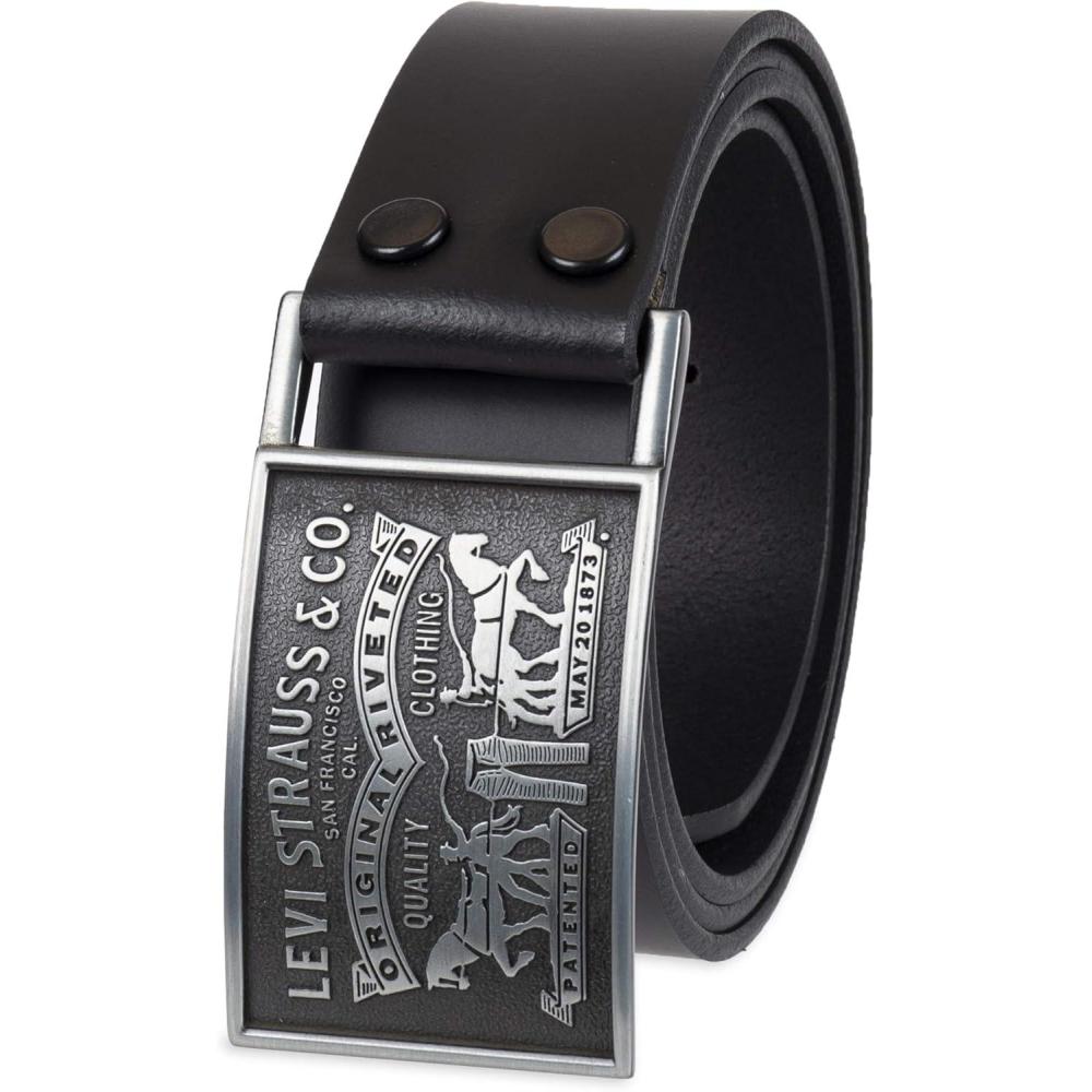 imageLevis Mens Leather Jean Belt with Removable Plaque Buckle WesternStyle Cowboy Belt for Everyday WearBlack Snap