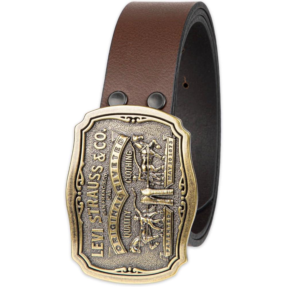 imageLevis Mens Leather Jean Belt with Removable Plaque Buckle WesternStyle Cowboy Belt for Everyday WearBrown Classic