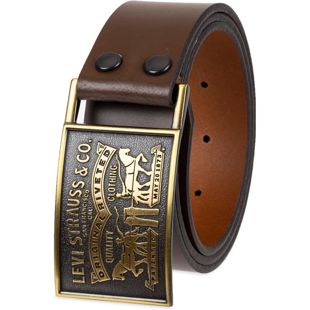 imageLevis Mens Leather Jean Belt with Removable Plaque Buckle WesternStyle Cowboy Belt for Everyday WearBrown Snap
