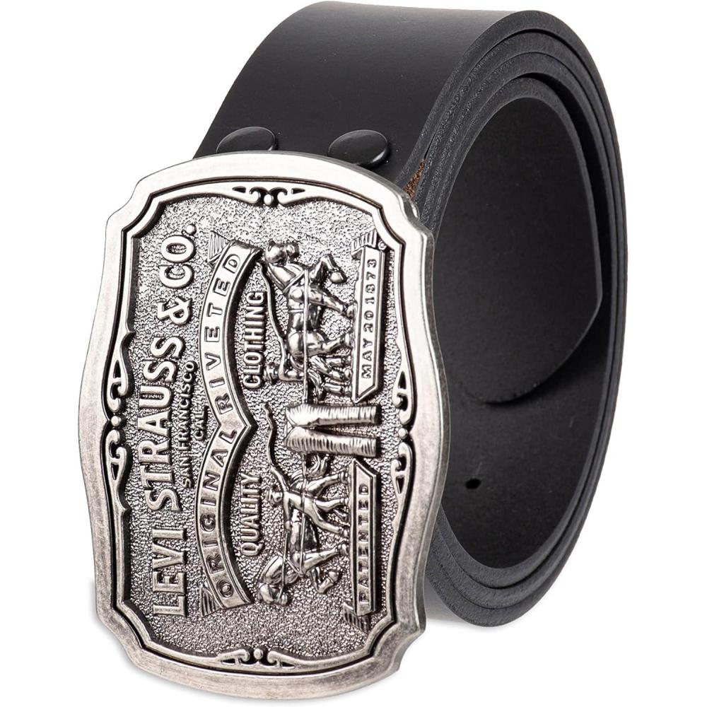 imageLevis Mens Leather Jean Belt with Removable Plaque Buckle WesternStyle Cowboy Belt for Everyday WearMidnight Black