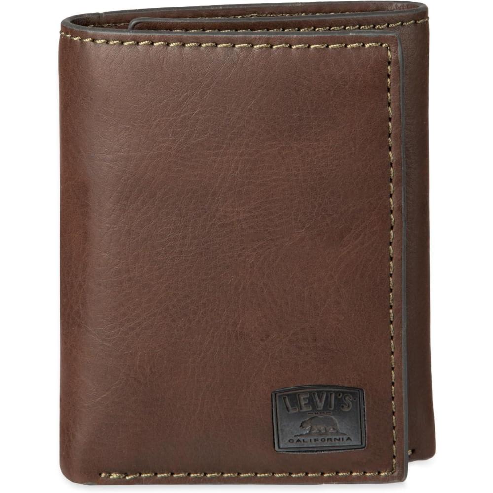 imageLevis Mens RFID Trifold WalletSleek and Slim Includes ID Window and Credit Card HolderBrown Stitch
