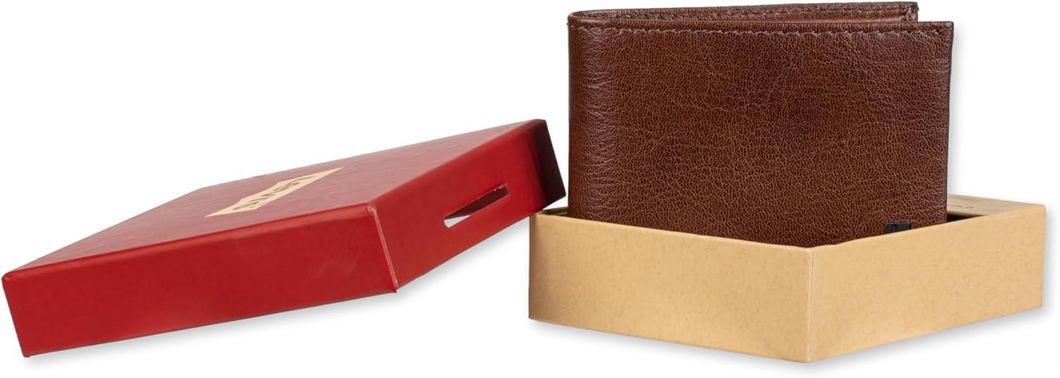 imageLevis mens Classic Bifold Passcase Wallet With Multiple Card Slots and Id Window Black OrnamentBrown Traveler
